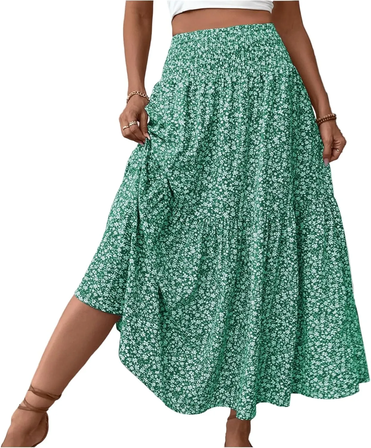 fanmpghleoo Long Skirts for Women Boho Beach Vacation Tiered Maxi Skirt Summer Bohemian High Waisted Skirts A Line Midi Skirt