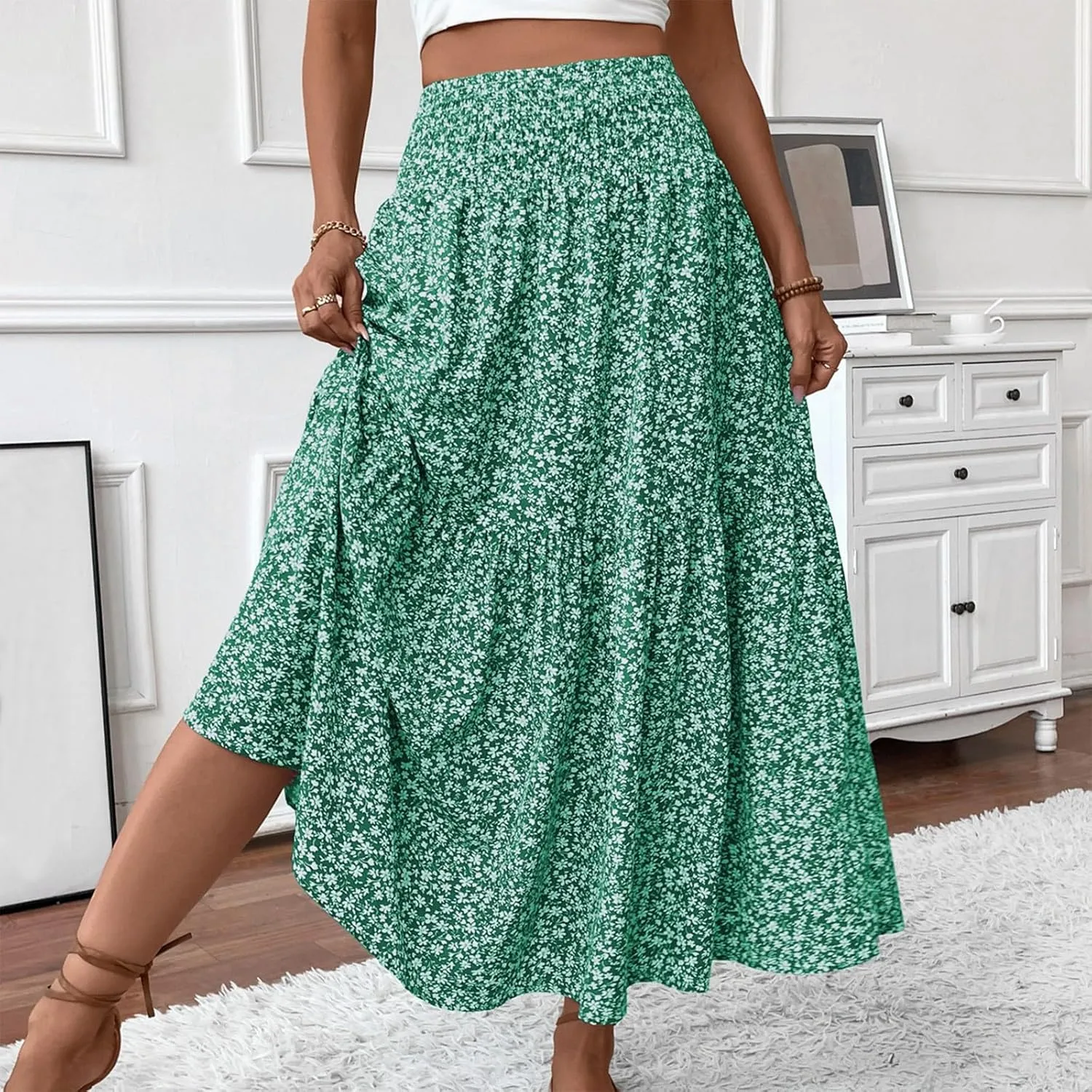 fanmpghleoo Long Skirts for Women Boho Beach Vacation Tiered Maxi Skirt Summer Bohemian High Waisted Skirts A Line Midi Skirt