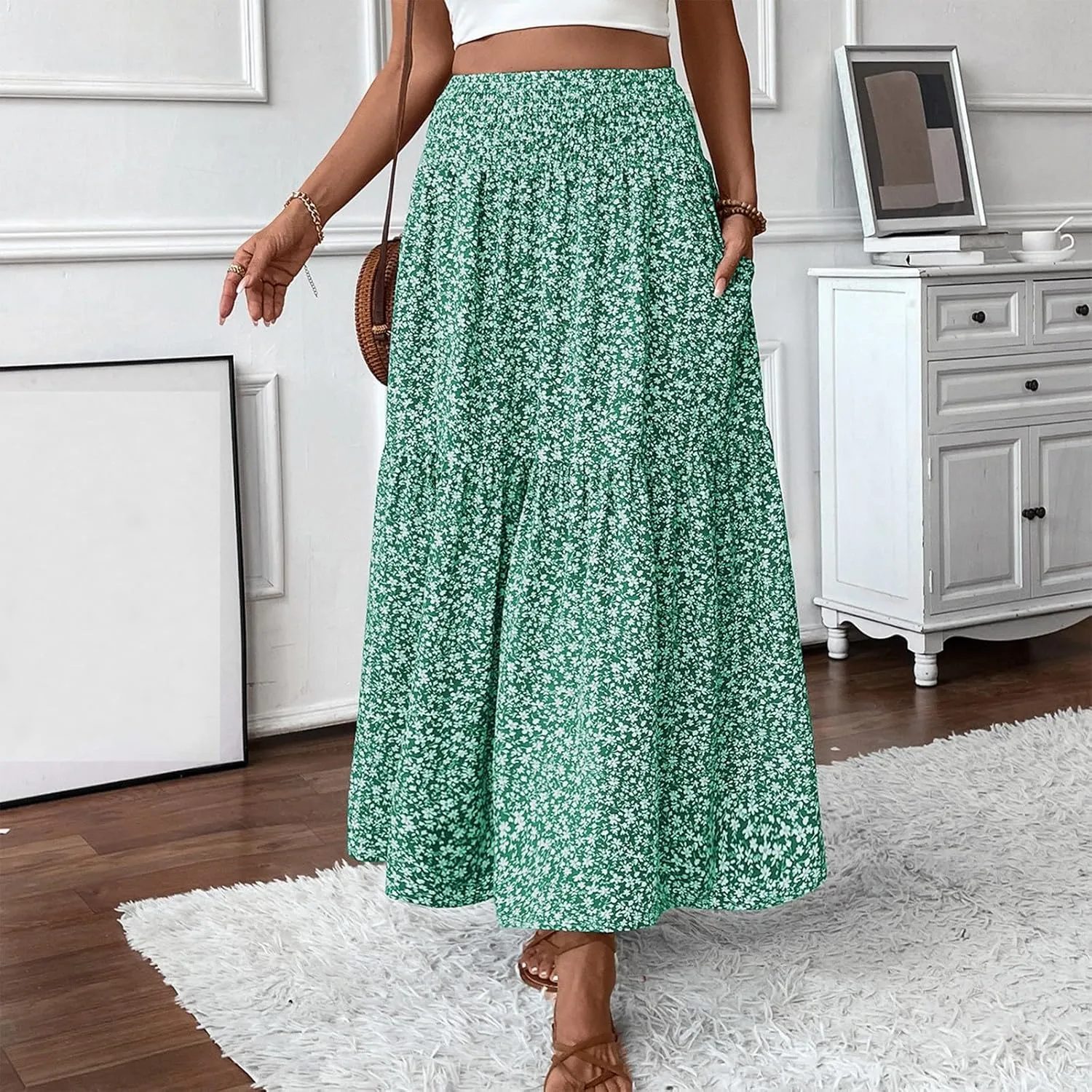 fanmpghleoo Long Skirts for Women Boho Beach Vacation Tiered Maxi Skirt Summer Bohemian High Waisted Skirts A Line Midi Skirt