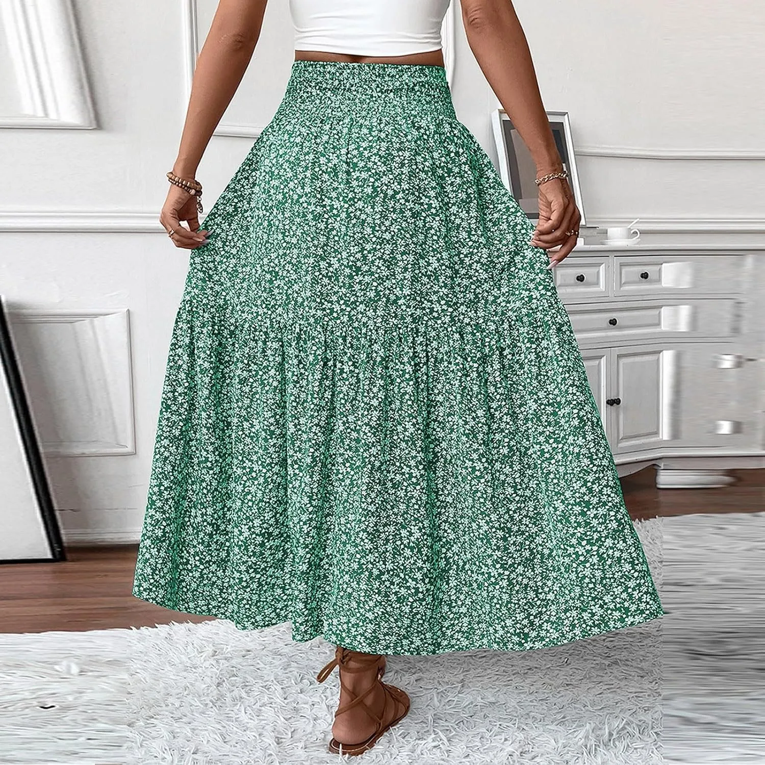 fanmpghleoo Long Skirts for Women Boho Beach Vacation Tiered Maxi Skirt Summer Bohemian High Waisted Skirts A Line Midi Skirt