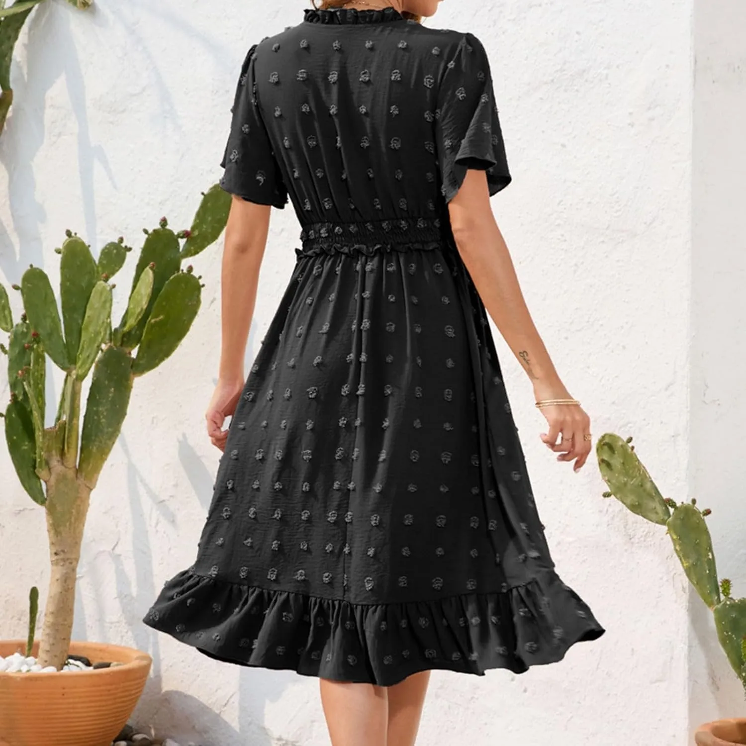 Fanteecy Short Sleeve V Neck Swiss Dot Dress for Women 2024 Casual Summer Boho Ruffle Midi Dress Wedding Guest Trendy Dress