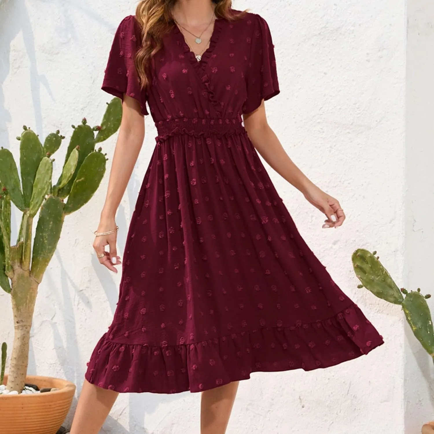 Fanteecy Short Sleeve V Neck Swiss Dot Dress for Women 2024 Casual Summer Boho Ruffle Midi Dress Wedding Guest Trendy Dress