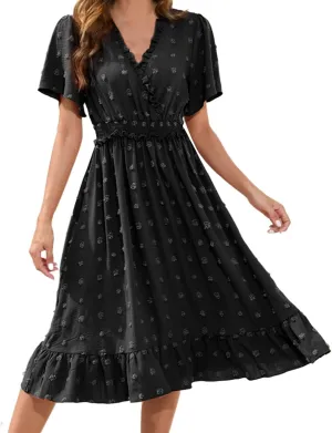 Fanteecy Short Sleeve V Neck Swiss Dot Dress for Women 2024 Casual Summer Boho Ruffle Midi Dress Wedding Guest Trendy Dress