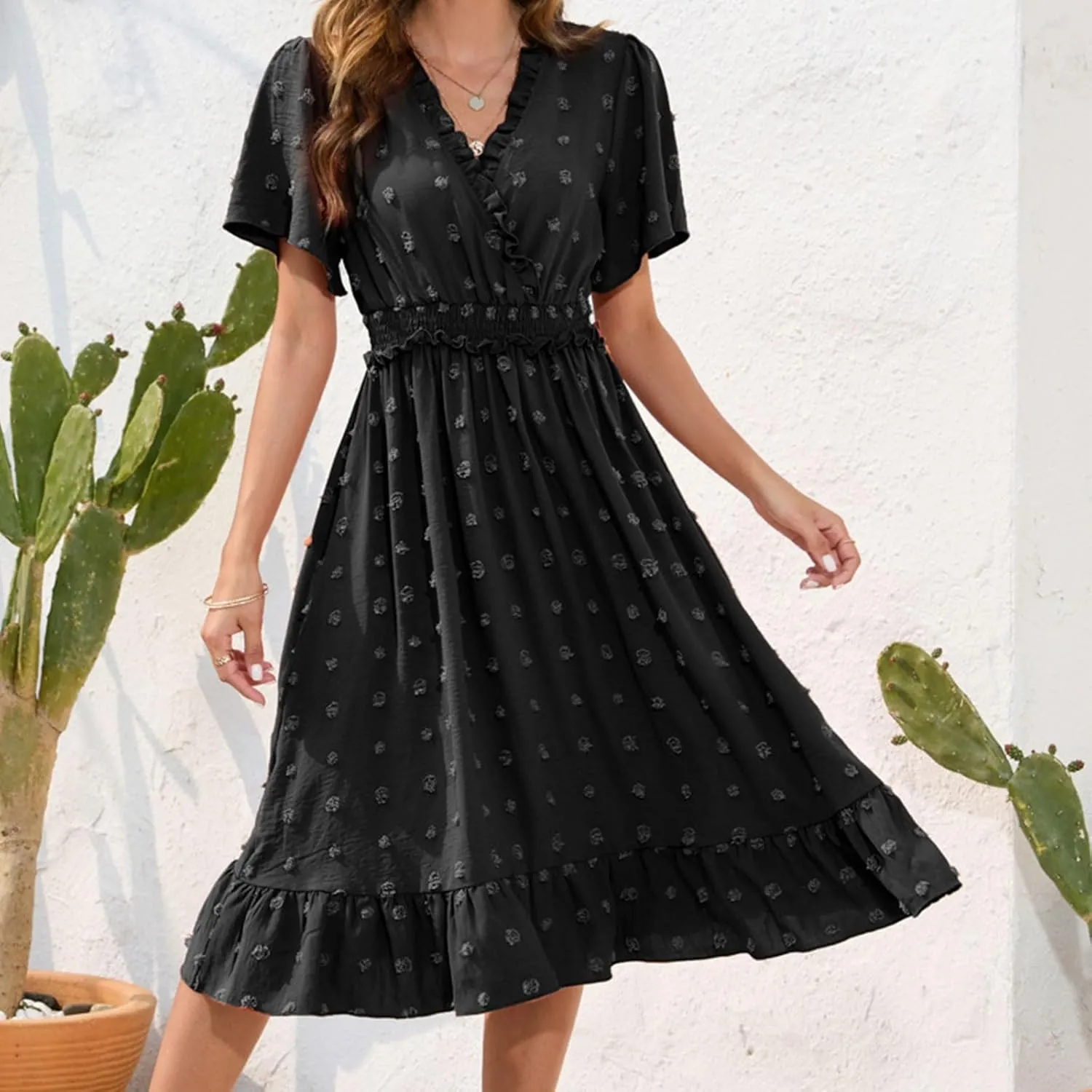 Fanteecy Short Sleeve V Neck Swiss Dot Dress for Women 2024 Casual Summer Boho Ruffle Midi Dress Wedding Guest Trendy Dress