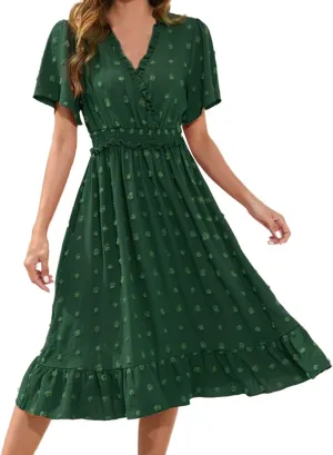Fanteecy Short Sleeve V Neck Swiss Dot Dress for Women 2024 Casual Summer Boho Ruffle Midi Dress Wedding Guest Trendy Dress
