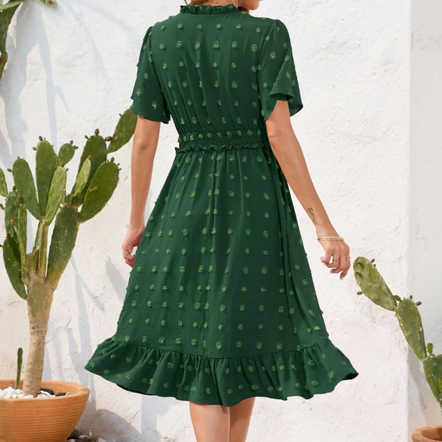 Fanteecy Short Sleeve V Neck Swiss Dot Dress for Women 2024 Casual Summer Boho Ruffle Midi Dress Wedding Guest Trendy Dress