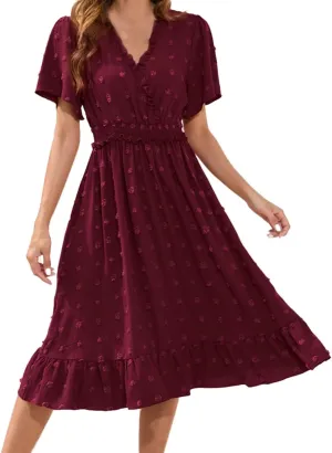Fanteecy Short Sleeve V Neck Swiss Dot Dress for Women 2024 Casual Summer Boho Ruffle Midi Dress Wedding Guest Trendy Dress