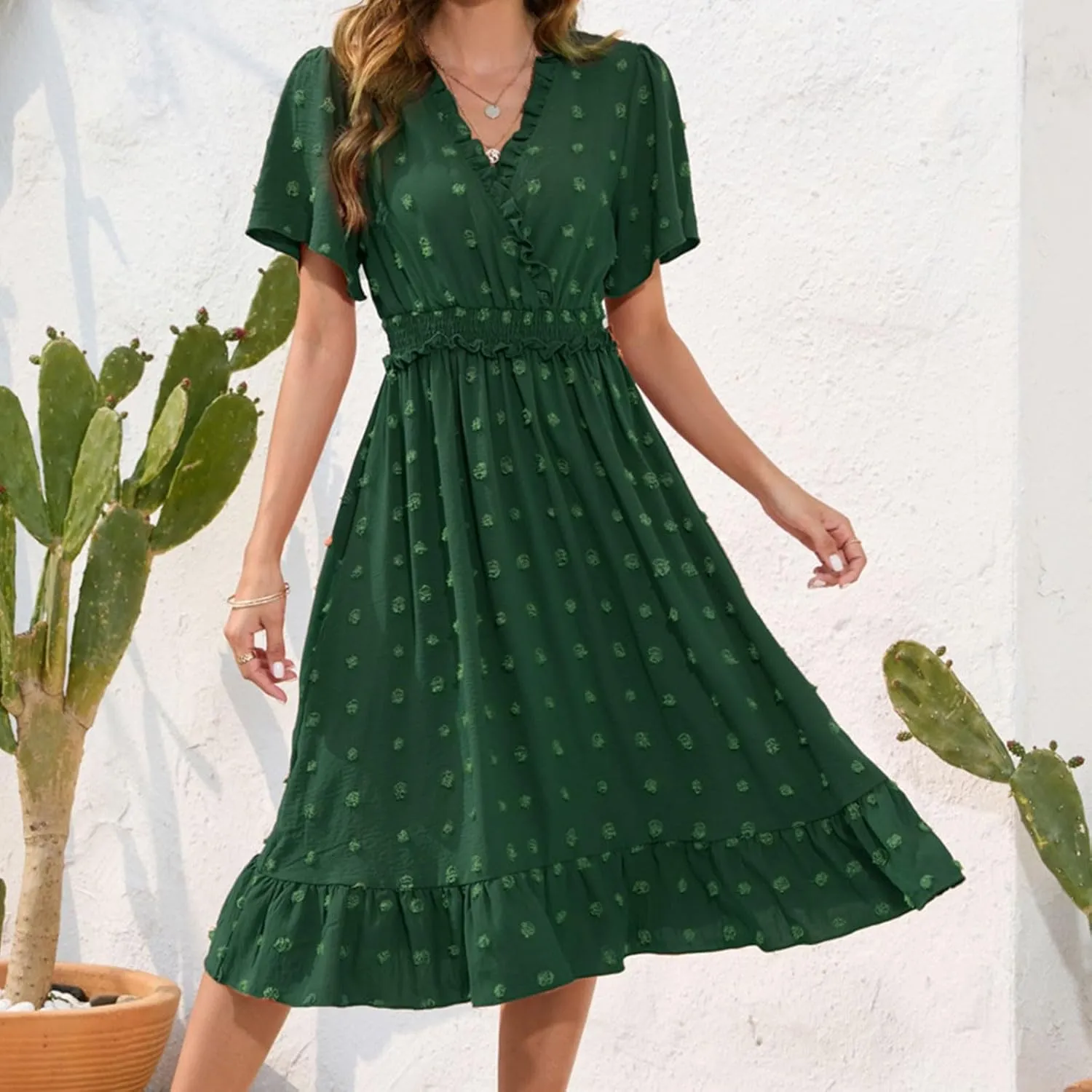 Fanteecy Short Sleeve V Neck Swiss Dot Dress for Women 2024 Casual Summer Boho Ruffle Midi Dress Wedding Guest Trendy Dress