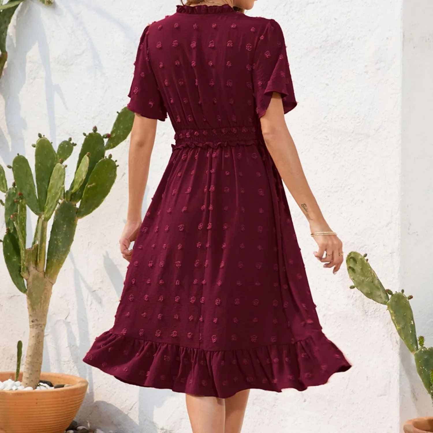 Fanteecy Short Sleeve V Neck Swiss Dot Dress for Women 2024 Casual Summer Boho Ruffle Midi Dress Wedding Guest Trendy Dress