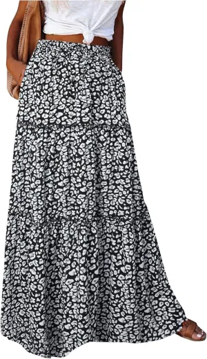 FlekmanArt Pleated Long Skirts for Women Summer Casual Elastic High Waisted Skirts A-Line Flowy Swing Maxi Skirt with Pockets