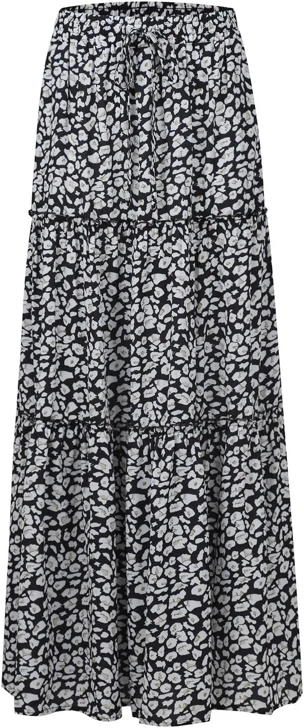 FlekmanArt Pleated Long Skirts for Women Summer Casual Elastic High Waisted Skirts A-Line Flowy Swing Maxi Skirt with Pockets