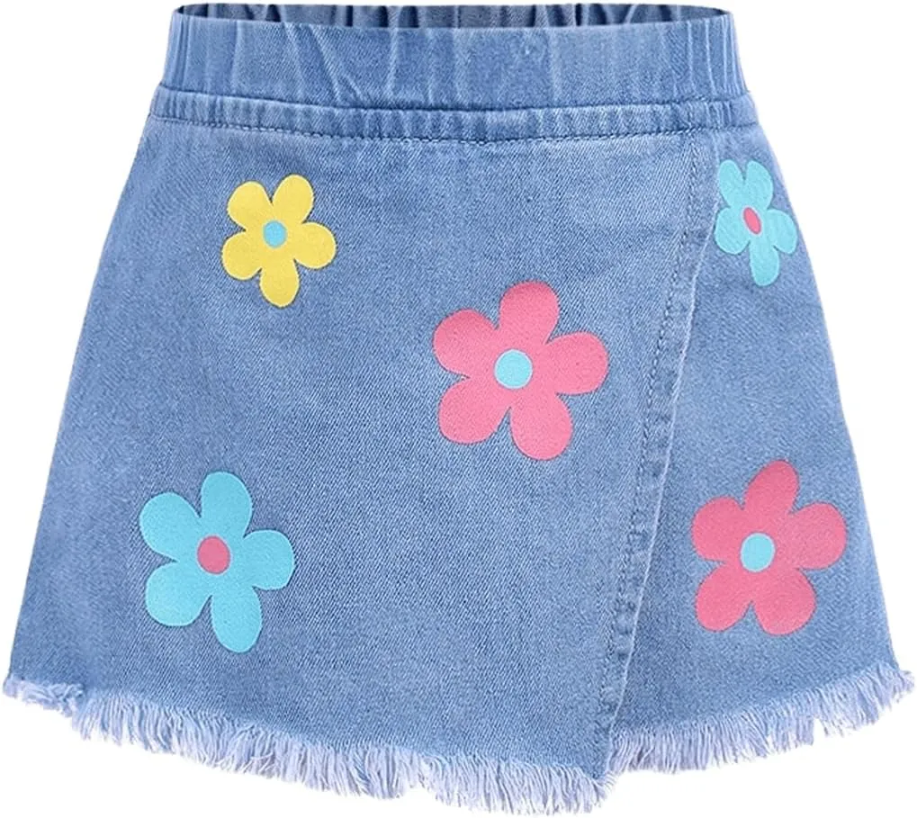 Floerns Toddler Girl's Floral Print Denim Skorts Elastic Waist Raw Hem Skirt Shorts