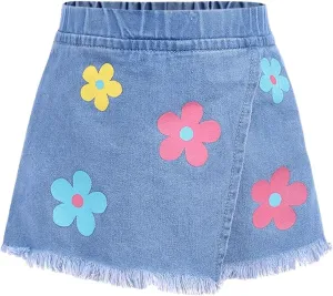 Floerns Toddler Girl's Floral Print Denim Skorts Elastic Waist Raw Hem Skirt Shorts