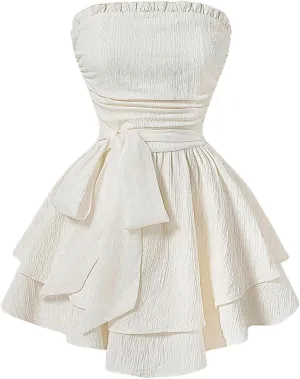 Floerns Women's Layered Ruffle Strapless Tube Dress Tie Waist Cute A Line Dresses