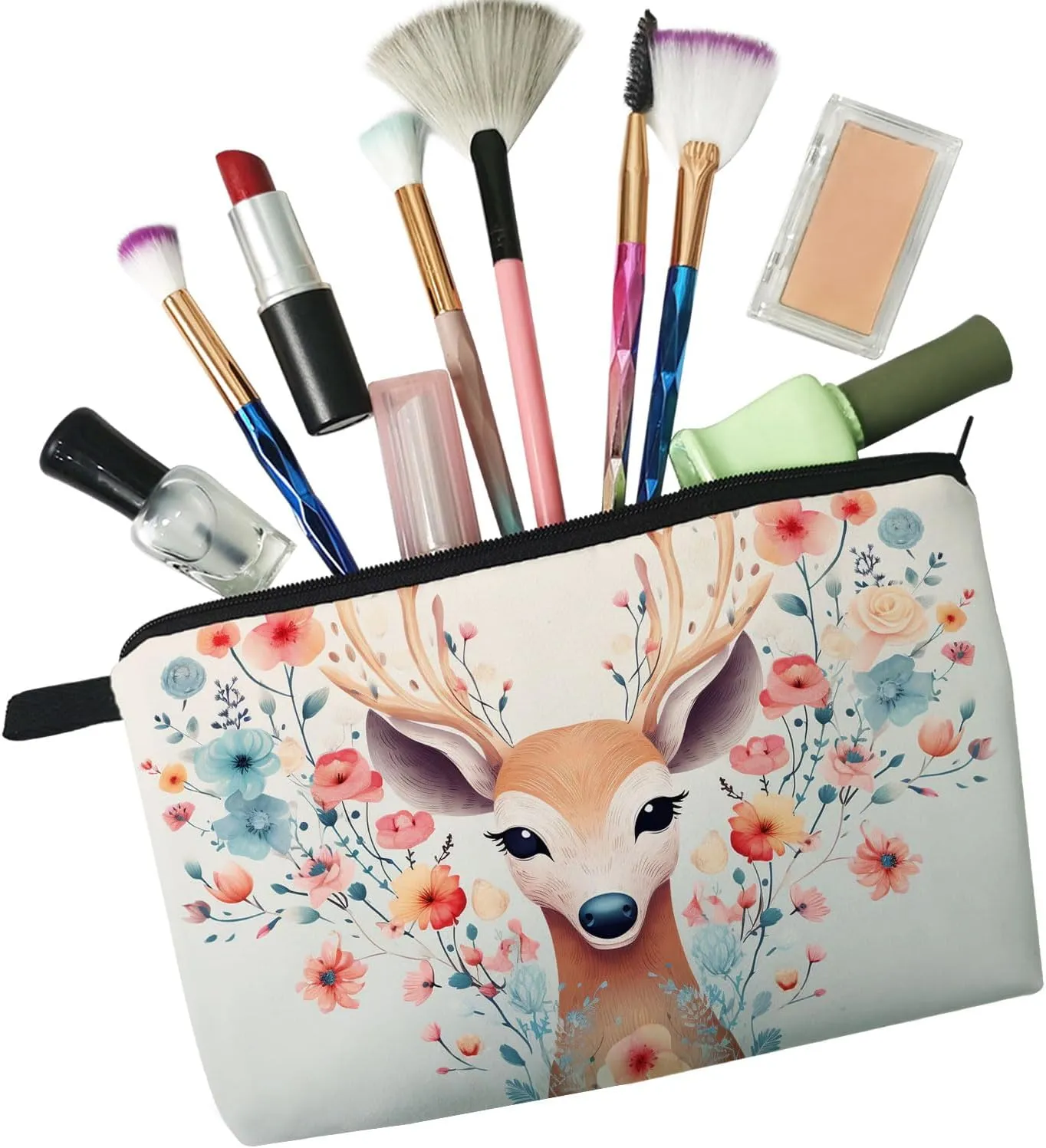 Floral Deer Makeup Bag Folk Art Painting Small Organizer Zipper Pouch Floral Deer Print Cosmetic Bag Present for Women Deer Lovers Friends