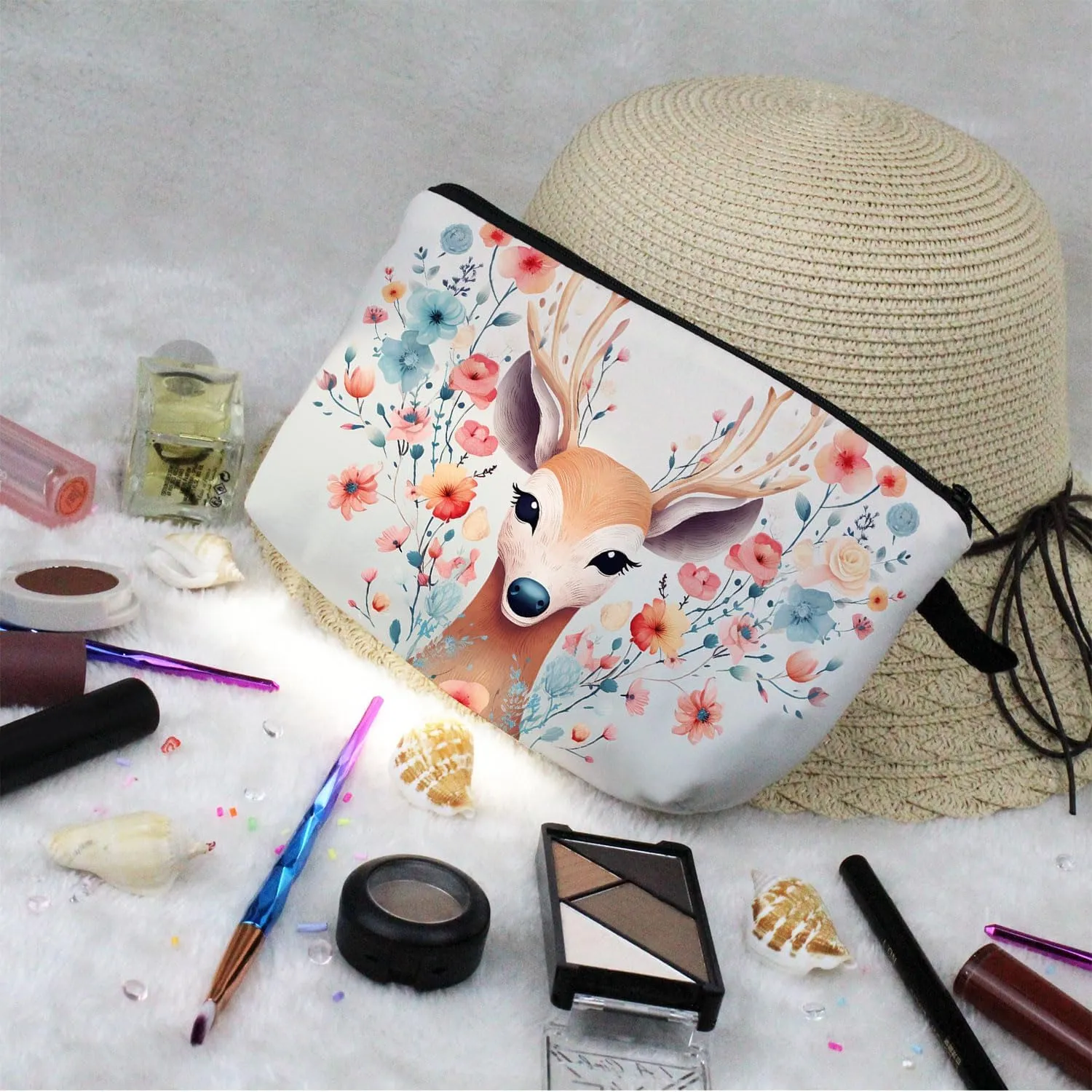 Floral Deer Makeup Bag Folk Art Painting Small Organizer Zipper Pouch Floral Deer Print Cosmetic Bag Present for Women Deer Lovers Friends