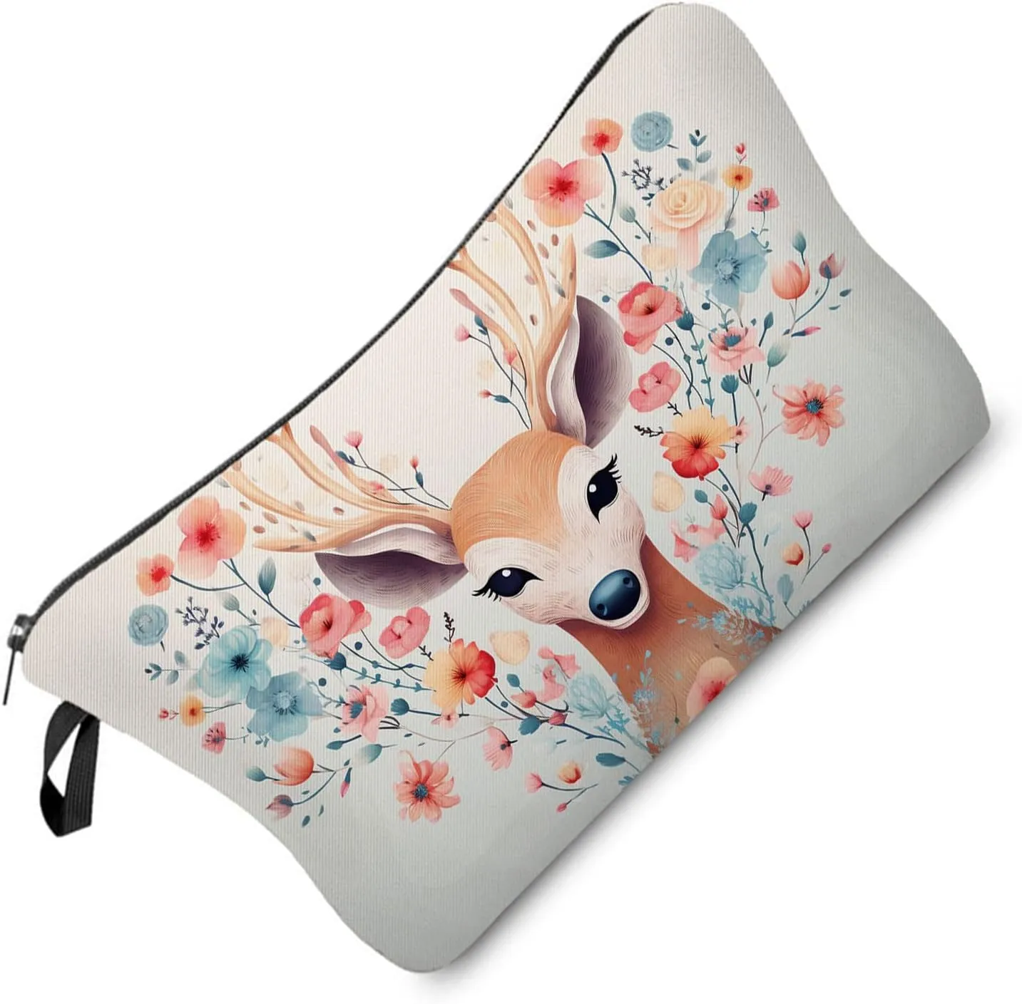 Floral Deer Makeup Bag Folk Art Painting Small Organizer Zipper Pouch Floral Deer Print Cosmetic Bag Present for Women Deer Lovers Friends
