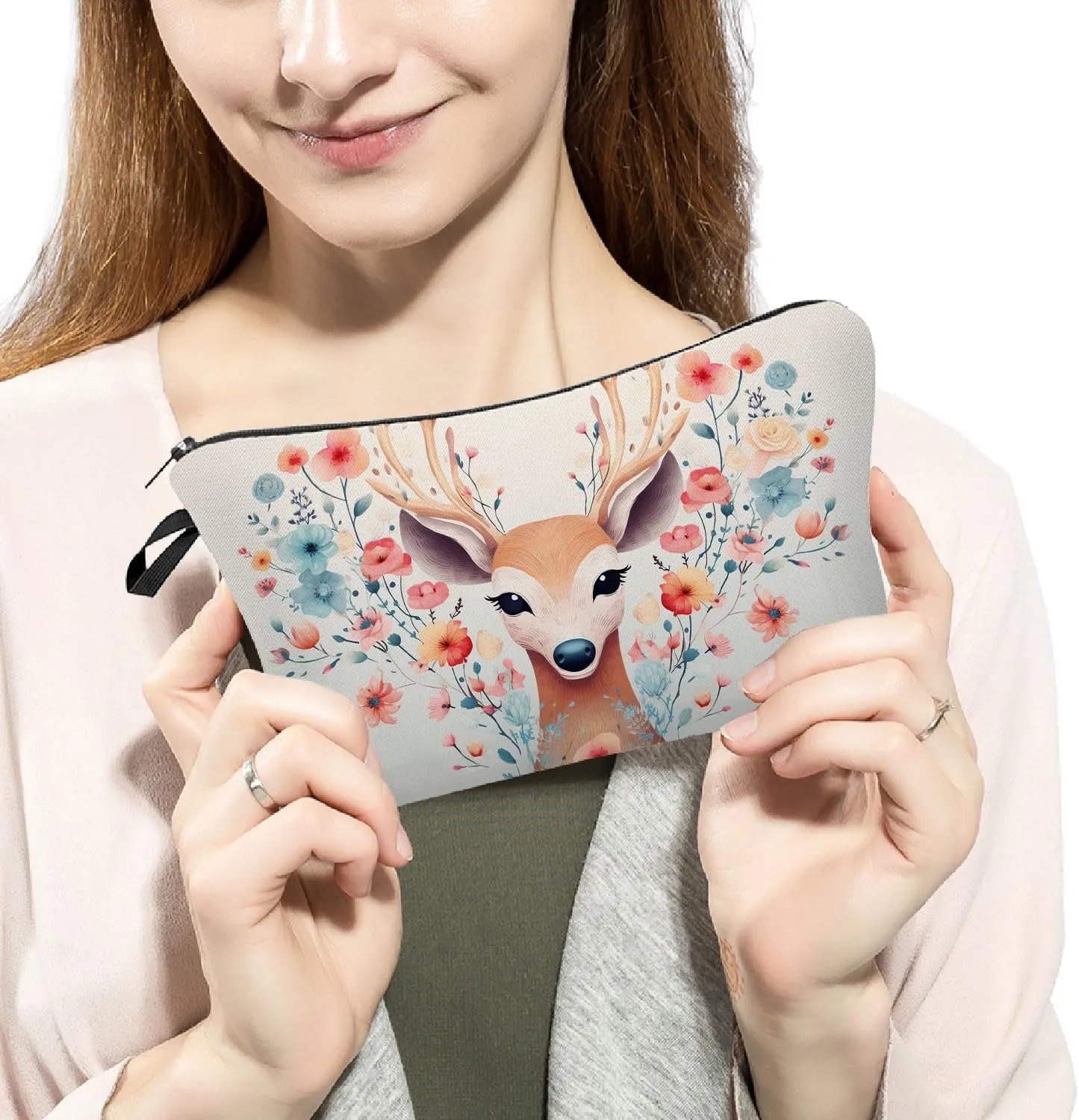 Floral Deer Makeup Bag Folk Art Painting Small Organizer Zipper Pouch Floral Deer Print Cosmetic Bag Present for Women Deer Lovers Friends