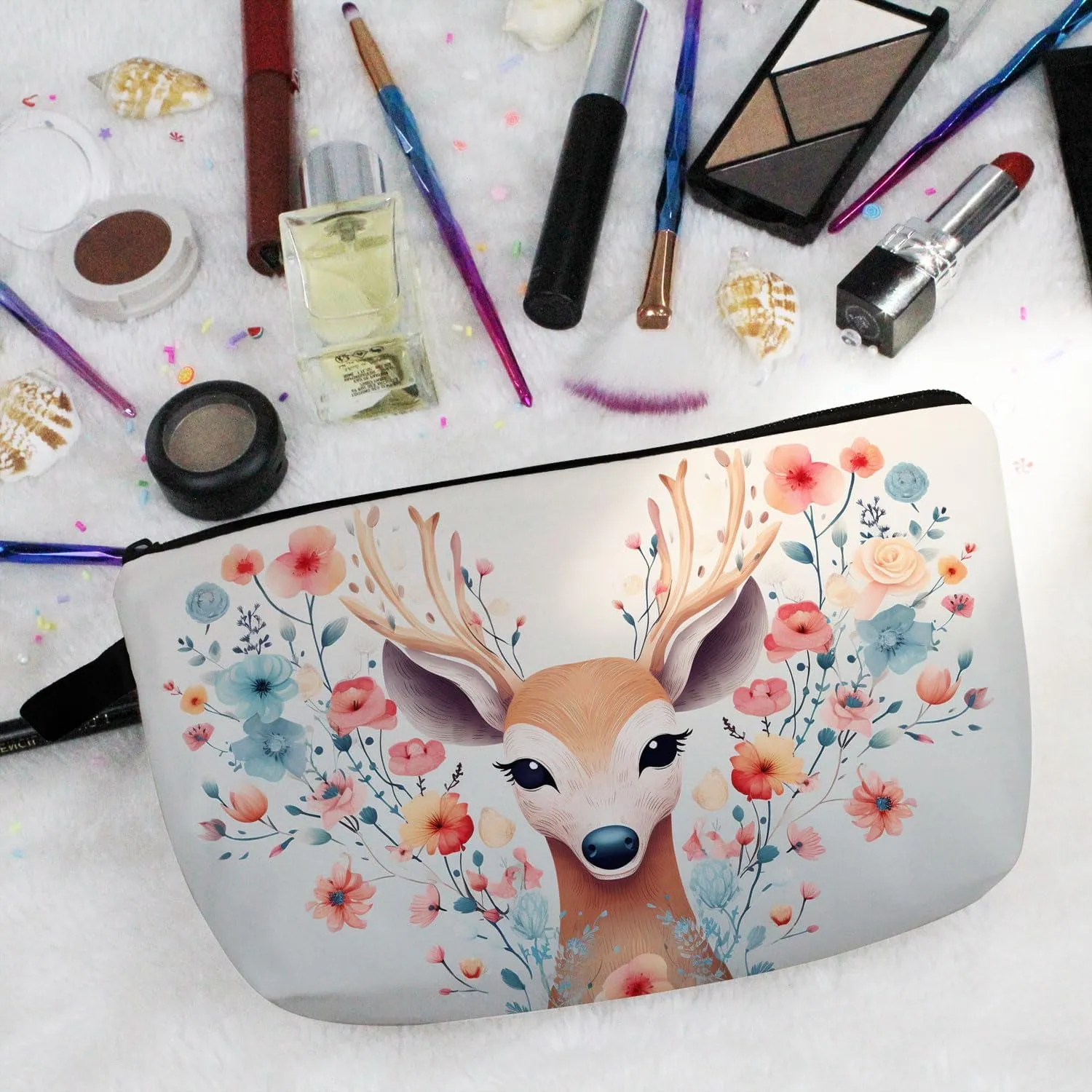 Floral Deer Makeup Bag Folk Art Painting Small Organizer Zipper Pouch Floral Deer Print Cosmetic Bag Present for Women Deer Lovers Friends