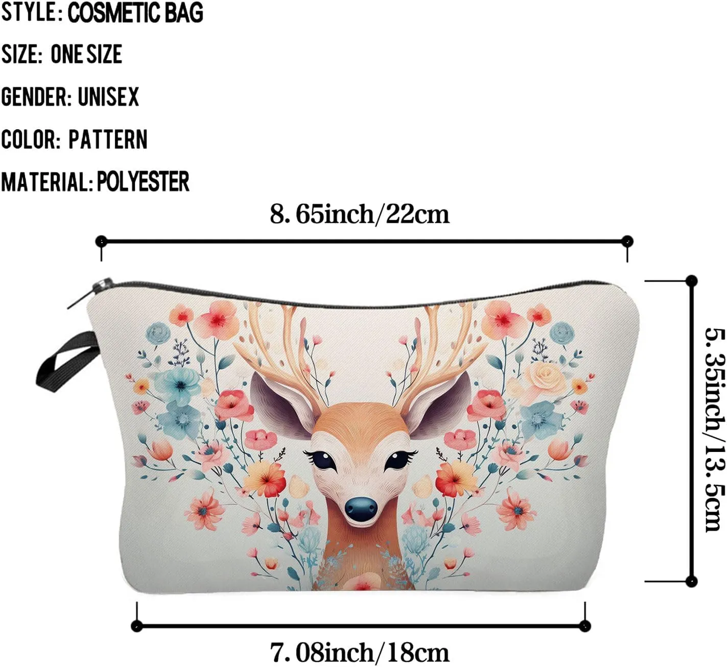 Floral Deer Makeup Bag Folk Art Painting Small Organizer Zipper Pouch Floral Deer Print Cosmetic Bag Present for Women Deer Lovers Friends