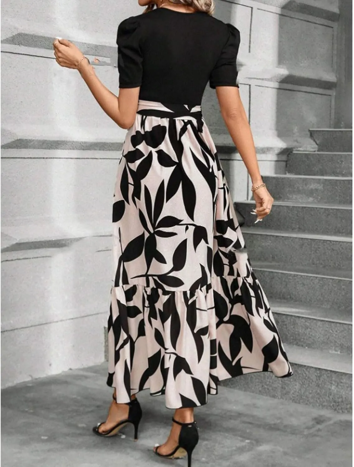 Floral Maxi Dresses for Women Puff Sleeve Tiered Sundress Elegant Tie Waist Work Dress Summer Casual Vacation Dress
