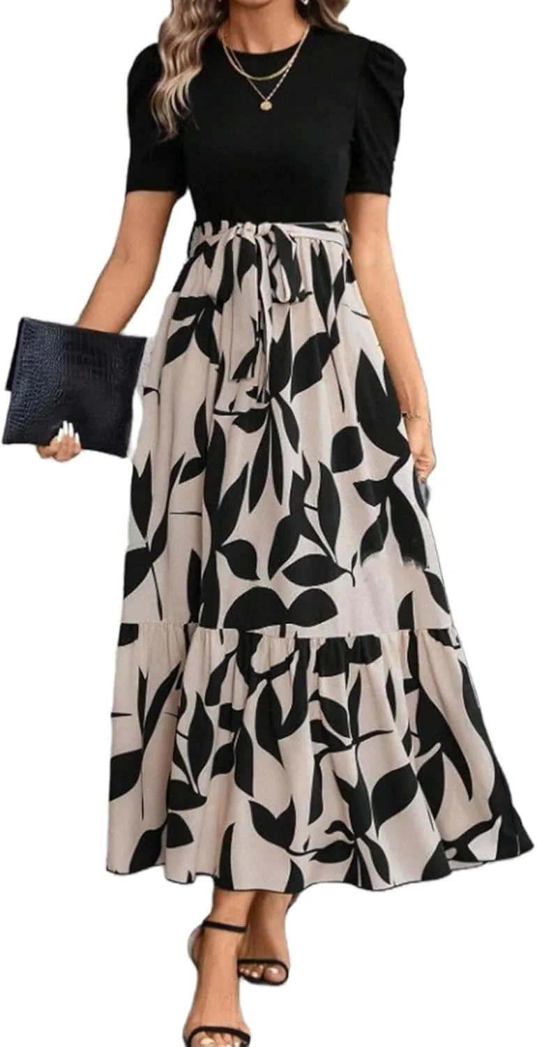 Floral Maxi Dresses for Women Puff Sleeve Tiered Sundress Elegant Tie Waist Work Dress Summer Casual Vacation Dress