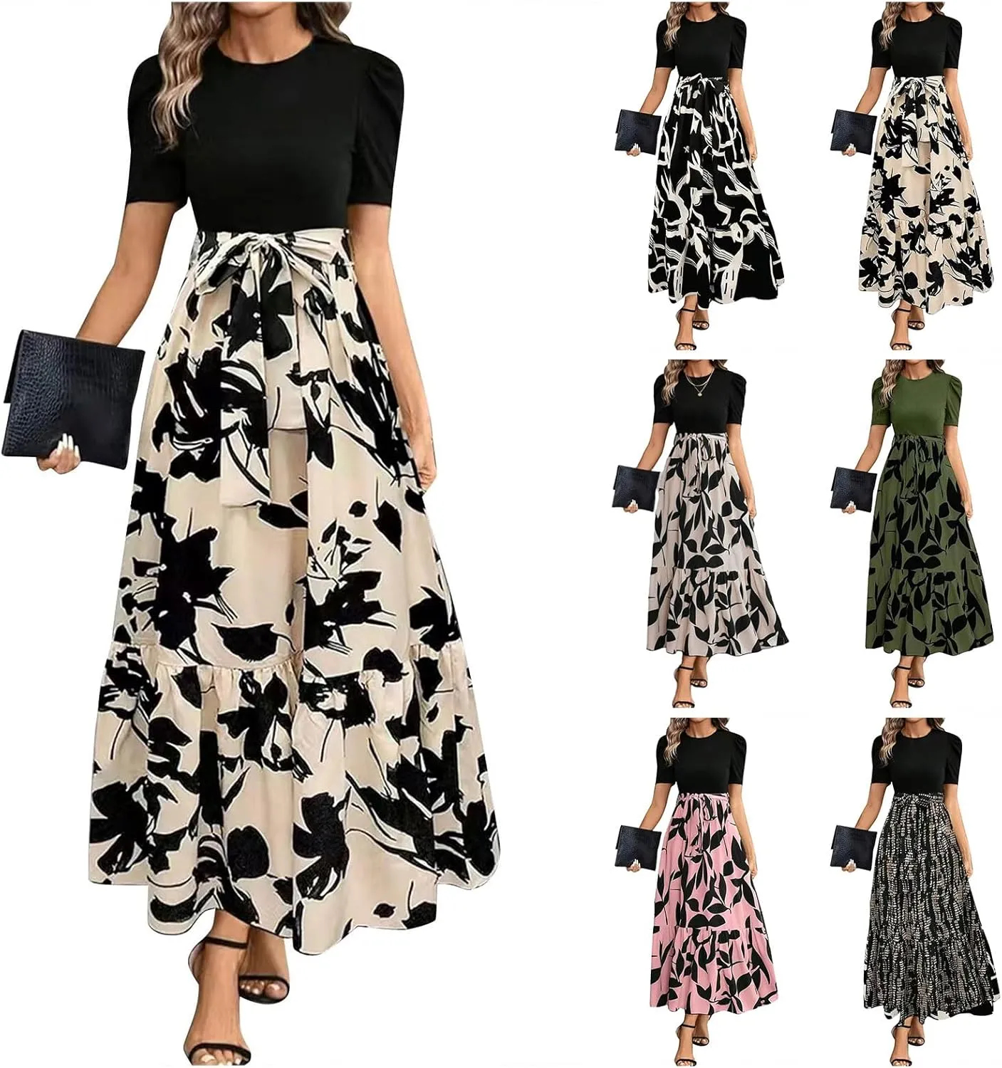 Floral Maxi Dresses for Women Puff Sleeve Tiered Sundress Elegant Tie Waist Work Dress Summer Casual Vacation Dress