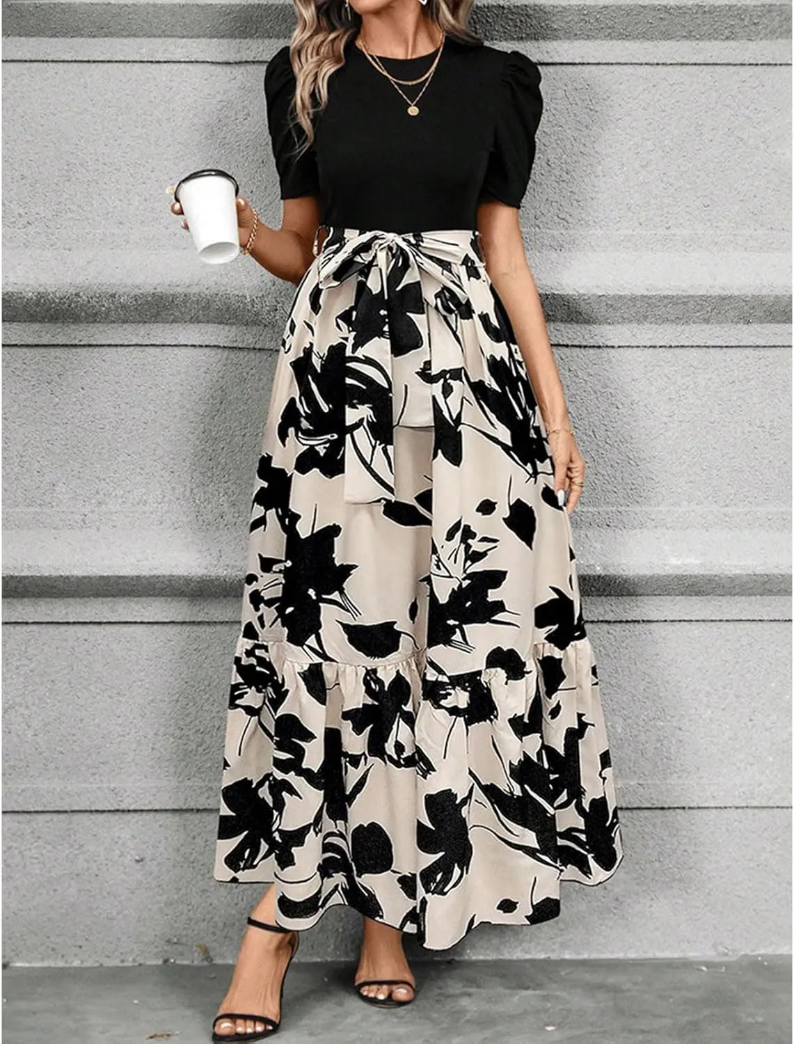 Floral Maxi Dresses for Women Puff Sleeve Tiered Sundress Elegant Tie Waist Work Dress Summer Casual Vacation Dress
