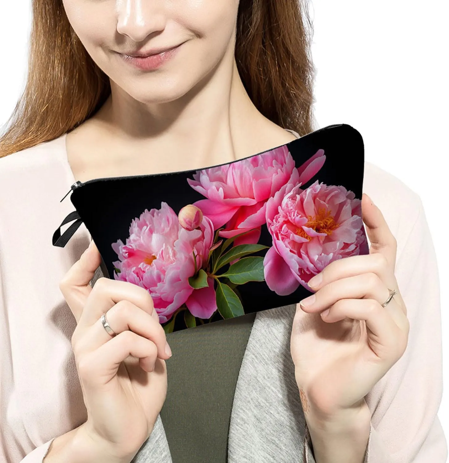 Floral Peony Cosmetic Bag for Women Cute Small Makeup Bag for Purse Travel Toiletry Zipper Pouch for Girls Gift for Sisters Peony Makeup Bag for Her