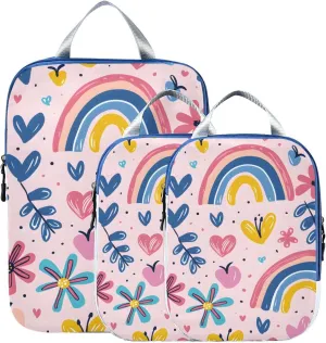 Flower Rainbow Heart Compression Packing Cubes for Travel Packing Organizers Backpack 3 Pack Luggage Travel Essentials Carry Must Haves Waterproof Suitcase Storage Bags
