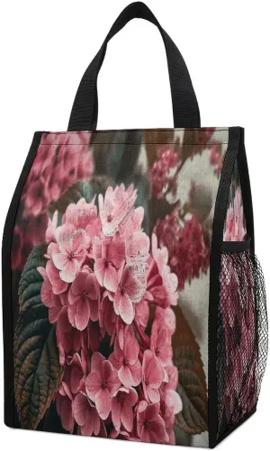 Foldable Cooler Bag, Pink Flowers Printed Cooler Bag,Insulated Tote Bag,Grocery Tote Bag