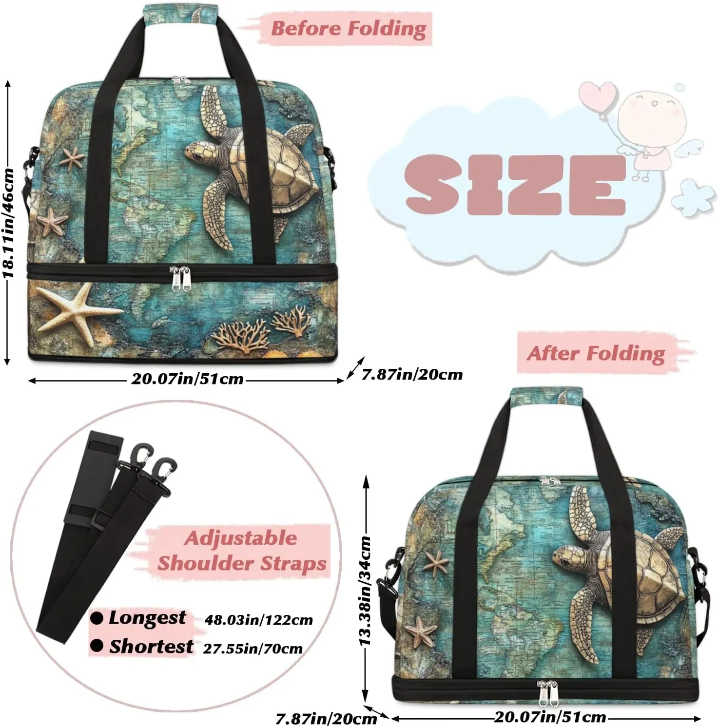 Foldable Travel Duffel Bag, Expandable Weekender Overnight Carry on Bags with Shoe Compartment Sport Tote Gym Luggage for Women Men, Turtle