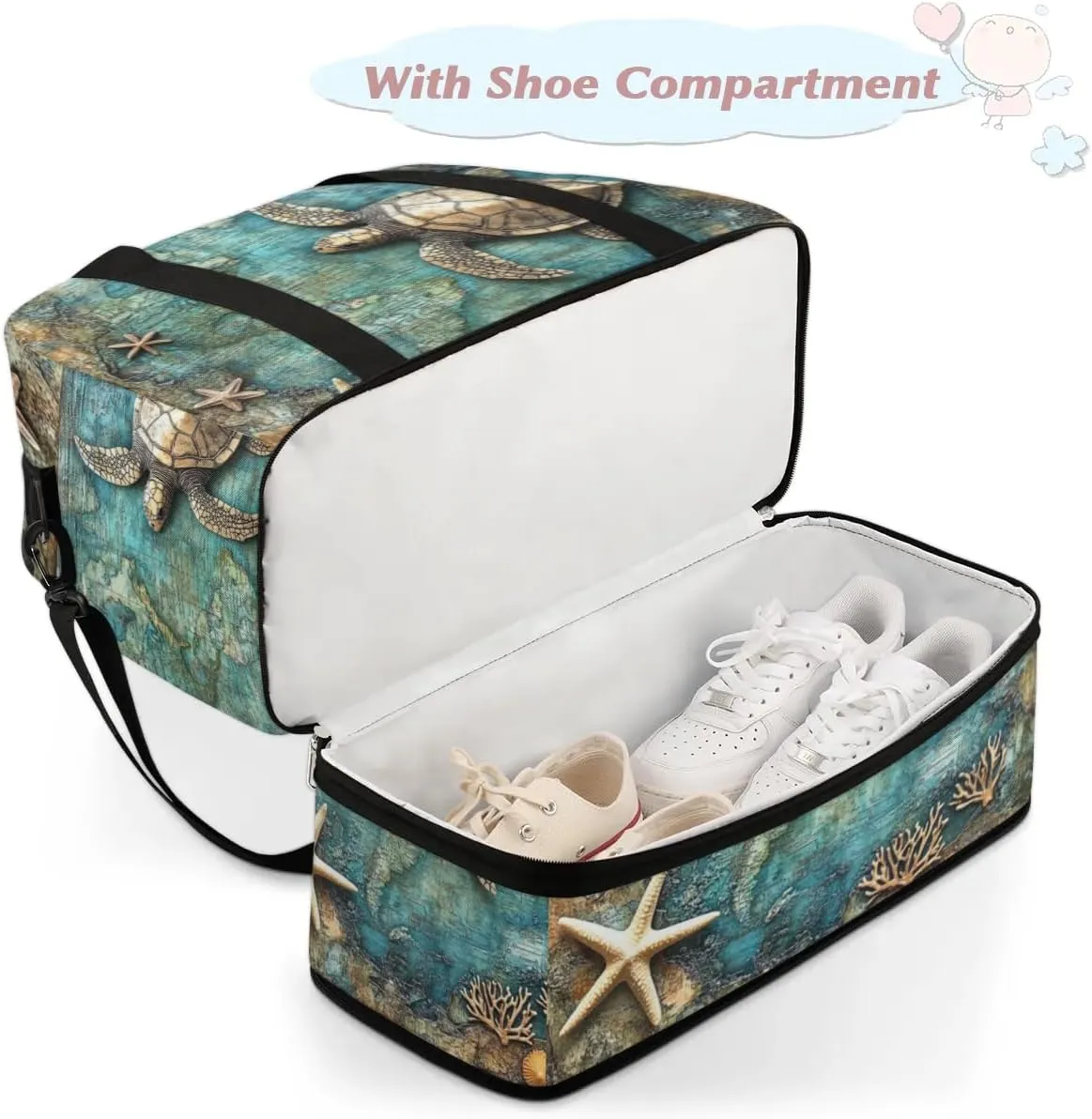 Foldable Travel Duffel Bag, Expandable Weekender Overnight Carry on Bags with Shoe Compartment Sport Tote Gym Luggage for Women Men, Turtle