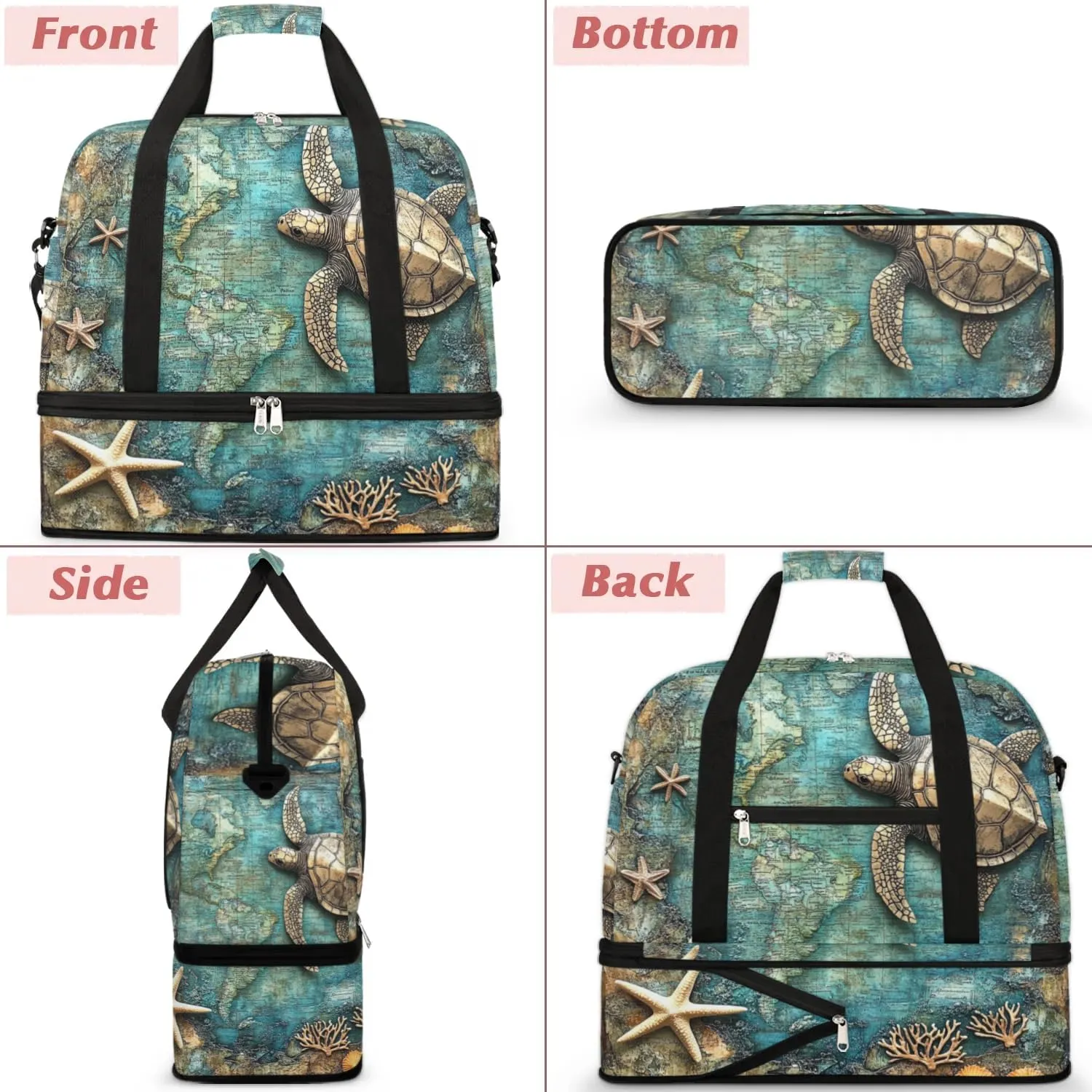 Foldable Travel Duffel Bag, Expandable Weekender Overnight Carry on Bags with Shoe Compartment Sport Tote Gym Luggage for Women Men, Turtle