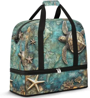 Foldable Travel Duffel Bag, Expandable Weekender Overnight Carry on Bags with Shoe Compartment Sport Tote Gym Luggage for Women Men, Turtle