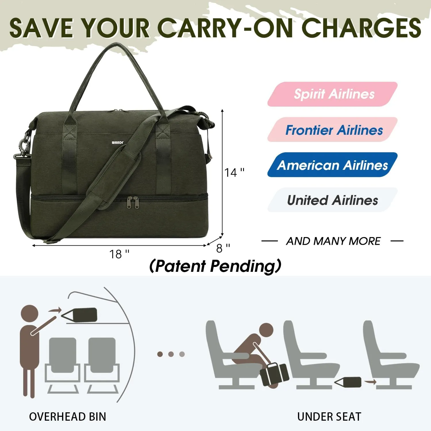 For Spirit Airlines 18x14x8 Personal Item Bag Underseat Carry On Bag with Wet Pocket & Shoe Compartment & USB Charging Port