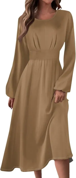 Formal Long Sleeve Midi Dress for Women Trendy Plus Size A Line Dress Casual Flowy Elegant Floral Smocked Dress