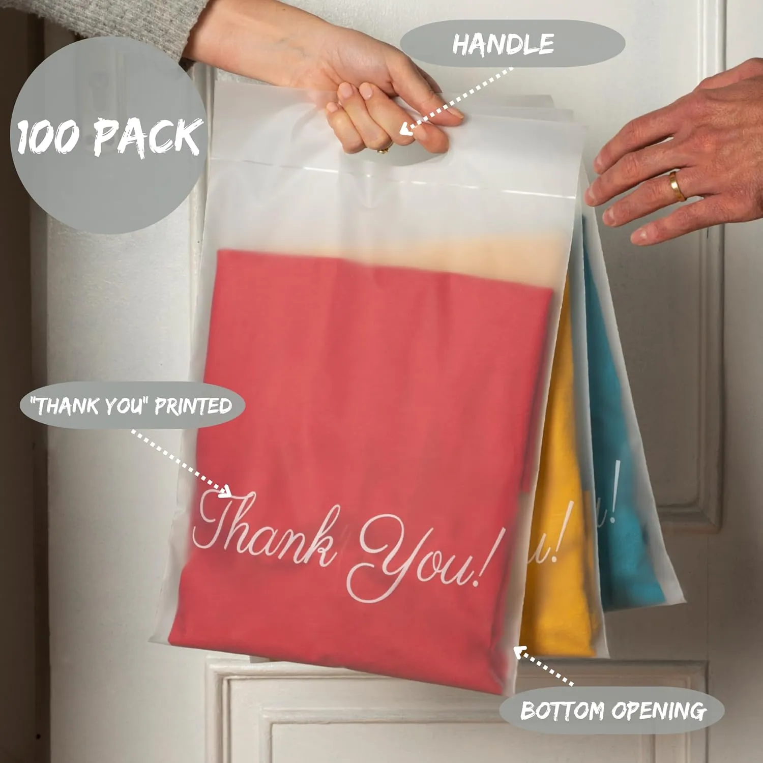 Frosted T Shirt Bags 10x13, 100 Shipping Bags for Clothes, Thank You Bags, Package Bags, Bags for Small Business, Shipping Bags with Handle