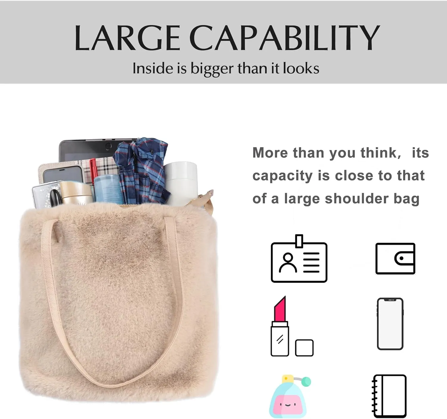 Fur Story Tote Bag Faux Fur Purses for Women Plush Handbag Fuzzy Shoulder Bag Big Capacity Black Purse for womens Girls