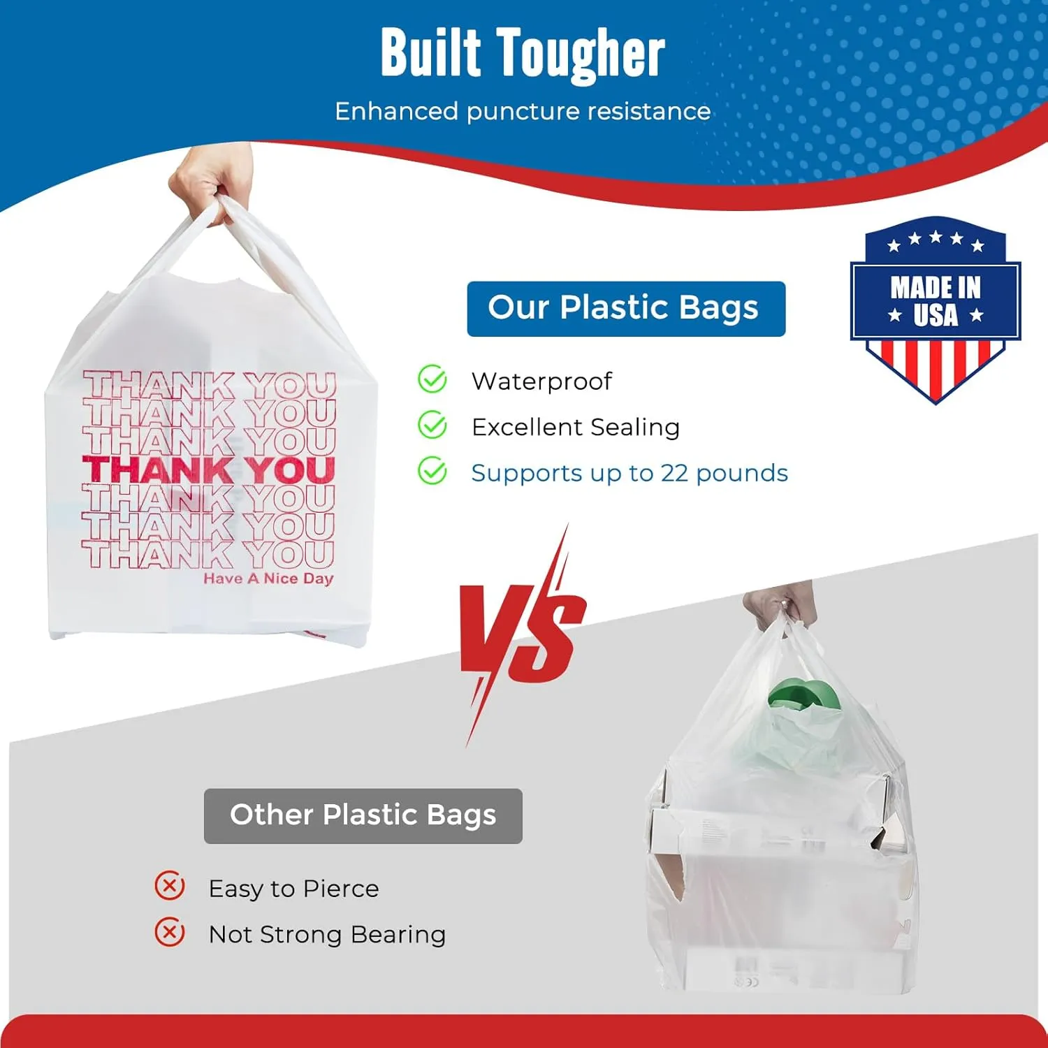 Fuxury 1000 Count Thank You Plastic Bags (12" x 6.5" x 21") White, T-shirt, Grocery, Take Out, To Go, Retail Shopping Bags in Bulk (Made in USA)