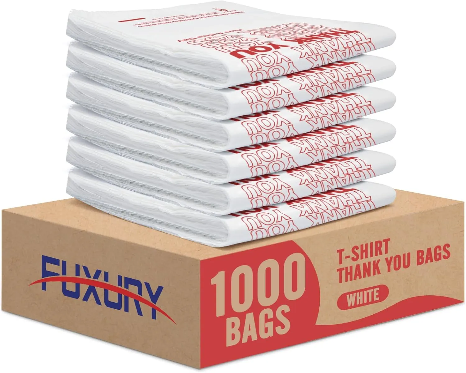 Fuxury 1000 Count Thank You Plastic Bags (12" x 6.5" x 21") White, T-shirt, Grocery, Take Out, To Go, Retail Shopping Bags in Bulk (Made in USA)