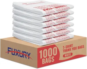 Fuxury 1000 Count Thank You Plastic Bags (12" x 6.5" x 21") White, T-shirt, Grocery, Take Out, To Go, Retail Shopping Bags in Bulk (Made in USA)