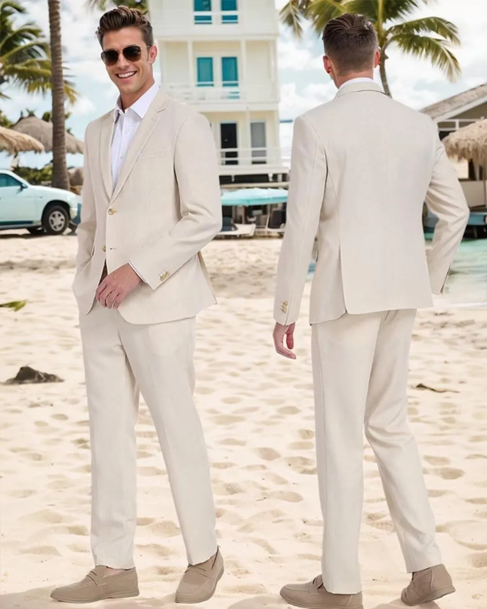 Fxzpiodi Linen Suits Men Slim Fit 2 Piece Mens Linen Suit Casual Blazer Jackets Pants Set Summer Beach Wedding Outfit