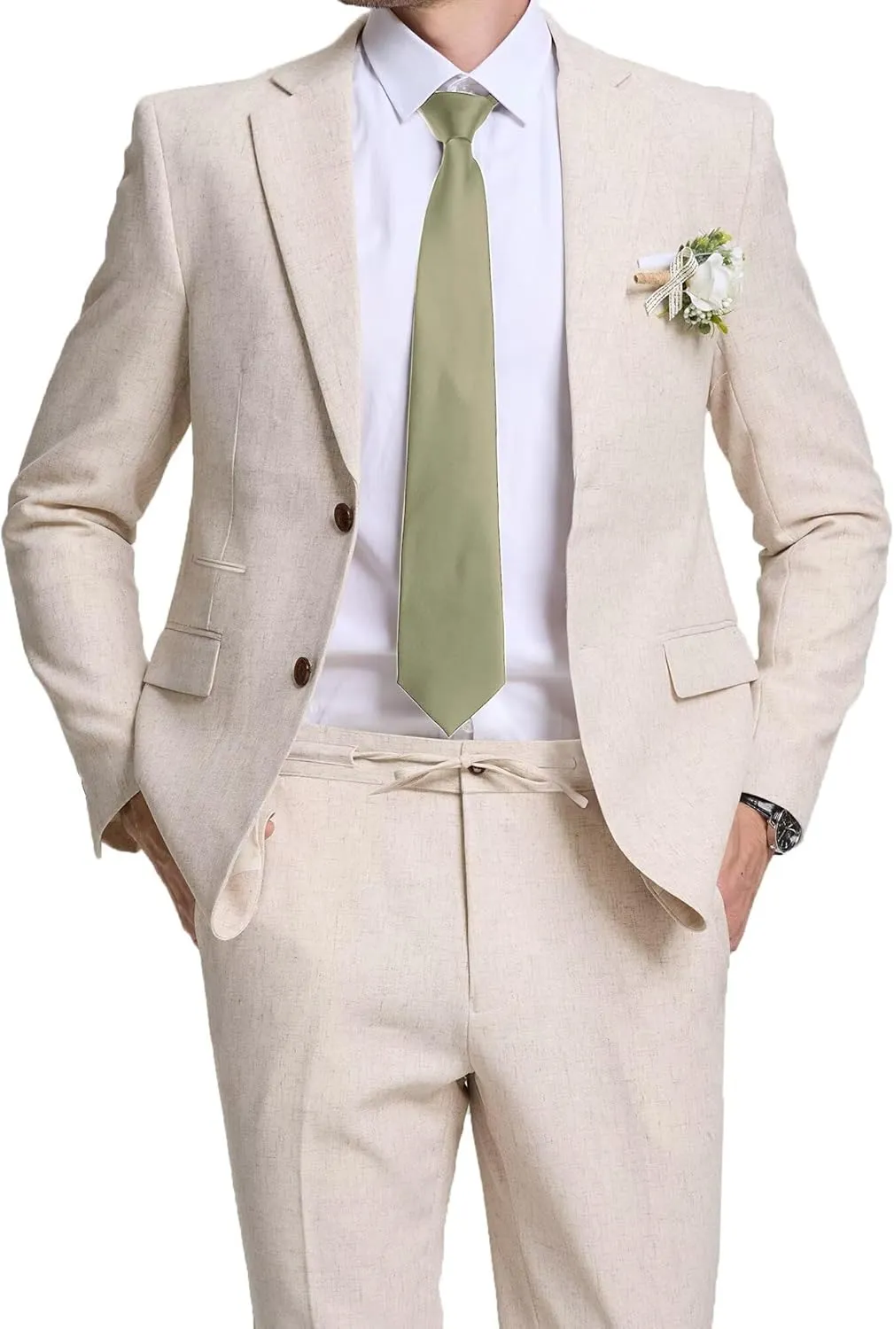 Fxzpiodi Linen Suits Men Slim Fit 2 Piece Mens Linen Suit Casual Blazer Jackets Pants Set Summer Beach Wedding Outfit