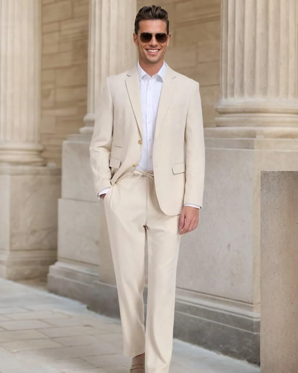 Fxzpiodi Linen Suits Men Slim Fit 2 Piece Mens Linen Suit Casual Blazer Jackets Pants Set Summer Beach Wedding Outfit