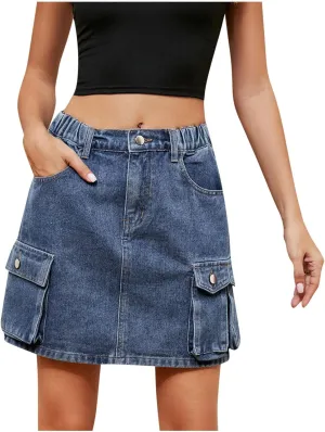 FZYLQY Denim Skirt for Womens Trendy Casual Elastic High Waisted Short Mini Skirt for Teen Girls Y2K Cute Baggy Jean Skirt