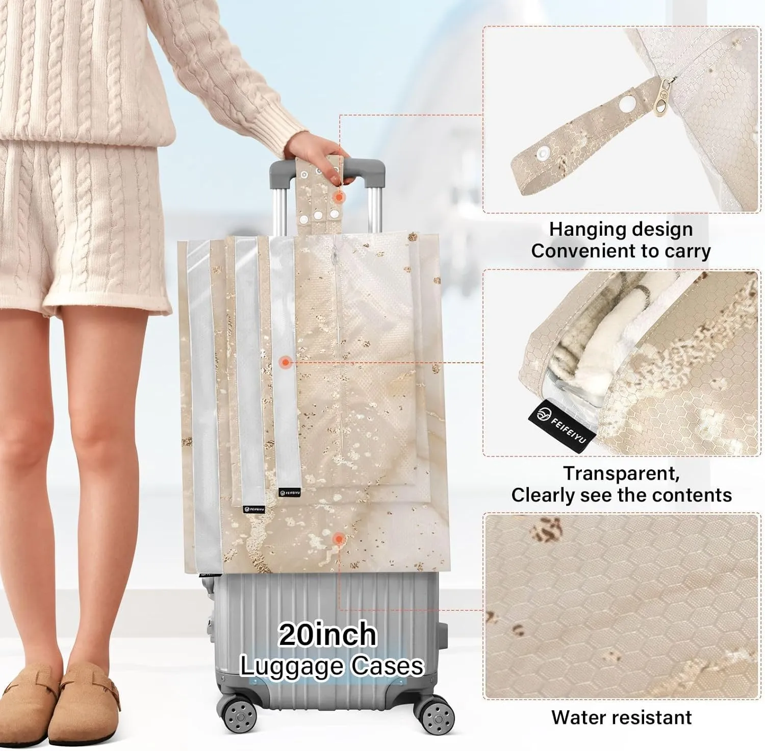 Garment Bag Closet Storage, Luggage Space Saver, Fluid Beige Marble Canvas, Waterproof, 3 Set Travel Packing Cubes For Suitcases, Luggages Management Personnel