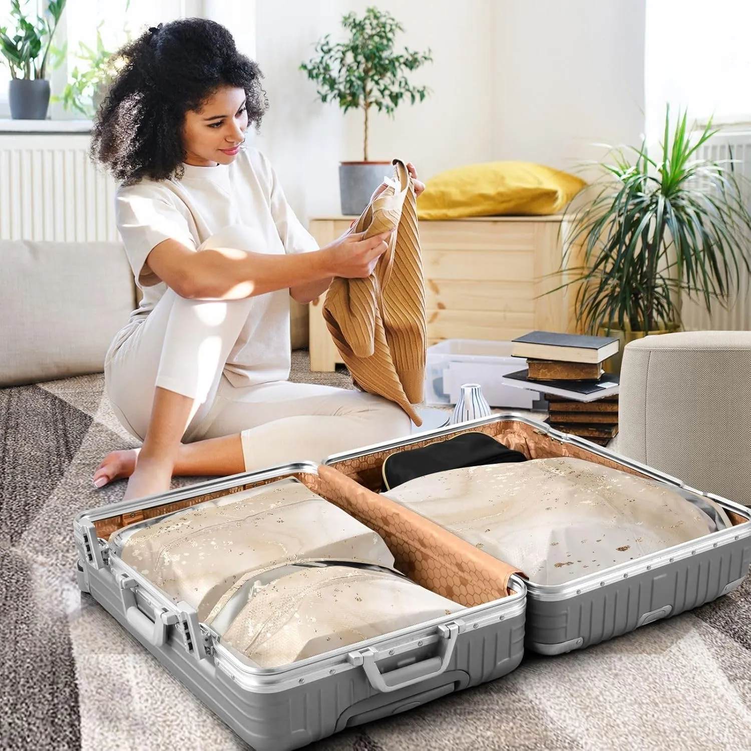 Garment Bag Closet Storage, Luggage Space Saver, Fluid Beige Marble Canvas, Waterproof, 3 Set Travel Packing Cubes For Suitcases, Luggages Management Personnel