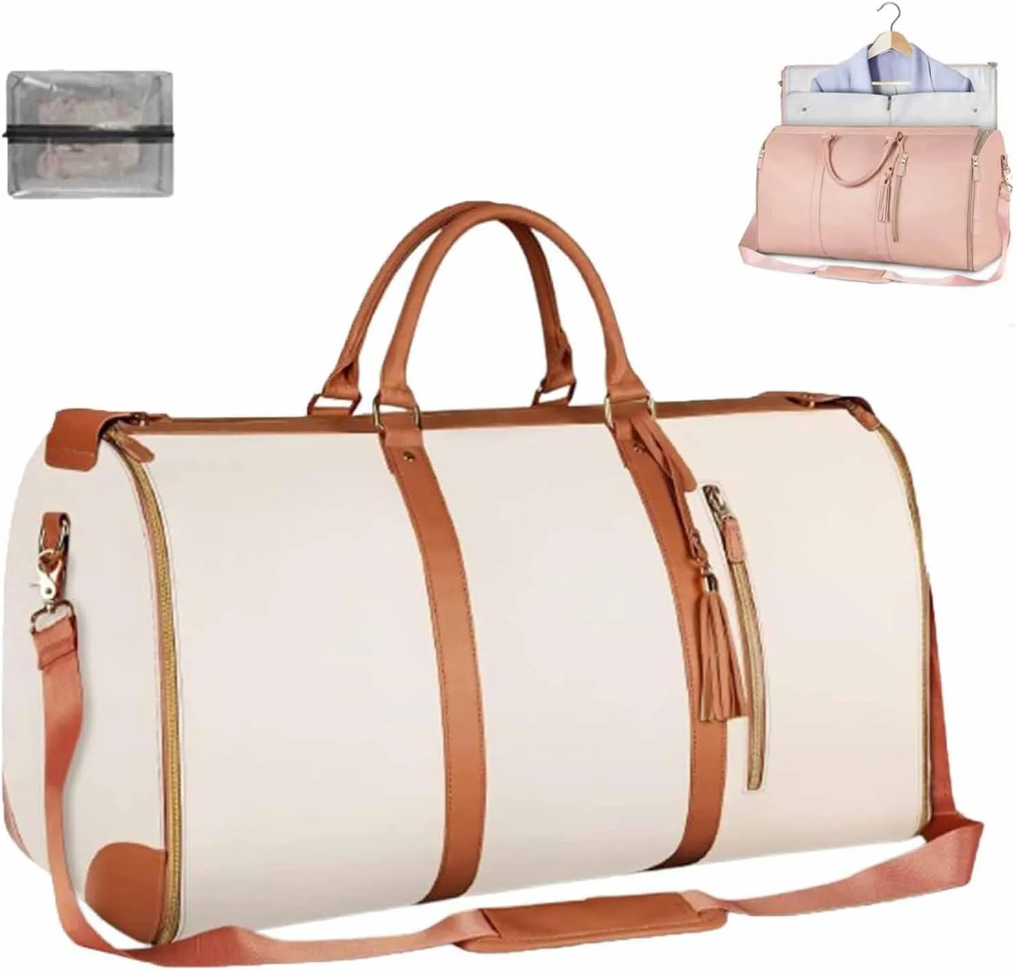 Garment Travel Bag, 2 In 1 Convertible Carry On Garment Bag Pouch with Separate Shoe Bag, Large Capacity, Waterproof, Anti-wrinkle, for Travel, Business (Beige)