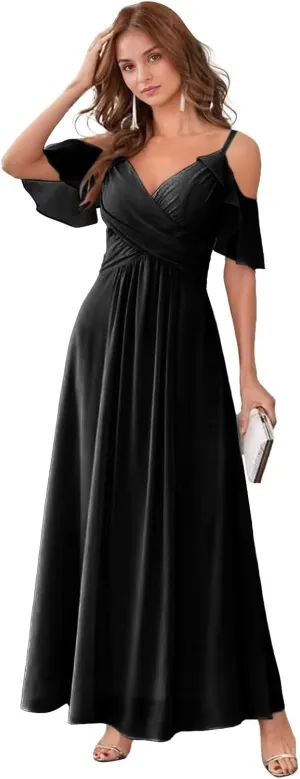 GATMAHE Women's V Neck Bridesmaid Dresses Long Off The Shoulder Ruffle Chiffon Formal Evening Gown with Slit